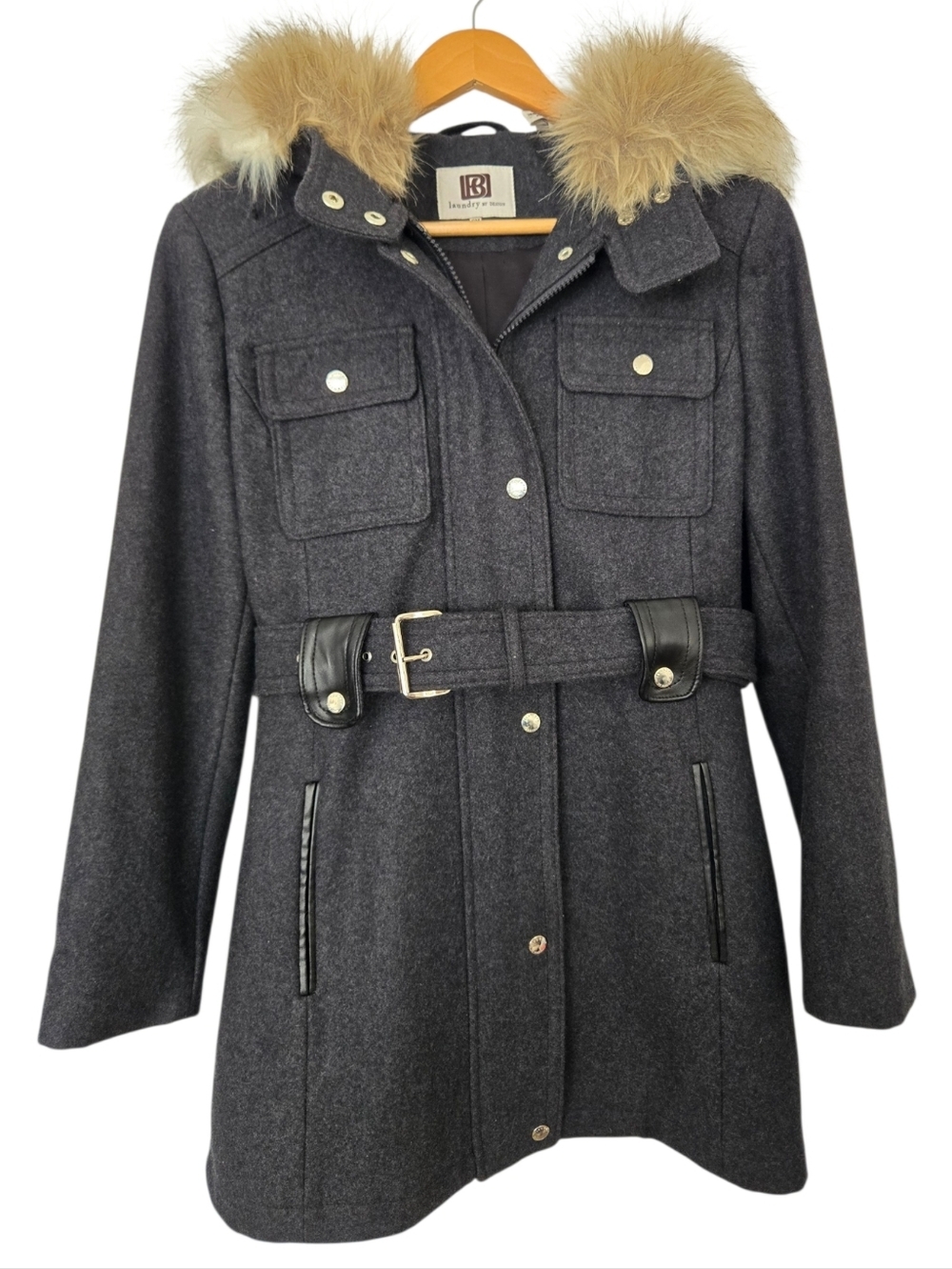 Laundry by Design Wool Blend Coat Faux Fur Hood Belted Gray Womens PM Petite Med - Picture 2 of 5